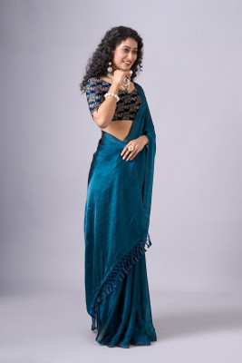 AVM SILK MILLS Solid/Plain Bollywood Chiffon Saree(Blue)