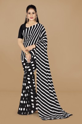 Anand Sarees Striped, Polka Print Daily Wear Georgette Saree(White, Black)