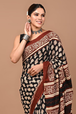 POORNACREATION Printed, Blocked Printed Ikkat Cotton Blend Saree(Black)