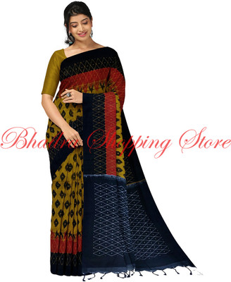 Bhadra Printed Sambalpuri Pure Cotton Saree(Yellow)