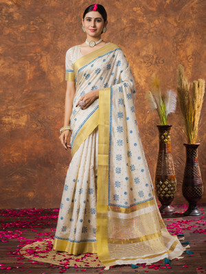 Sareemall Woven Kasavu Linen Saree(Cream)