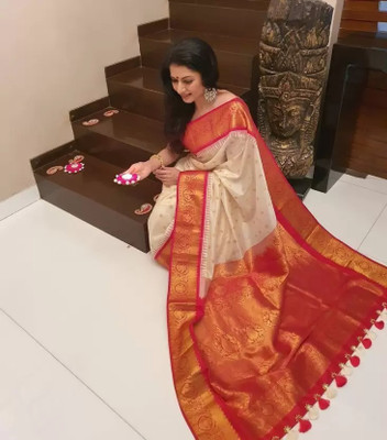 Begum Collection Self Design Kanjivaram Art Silk Saree(White)