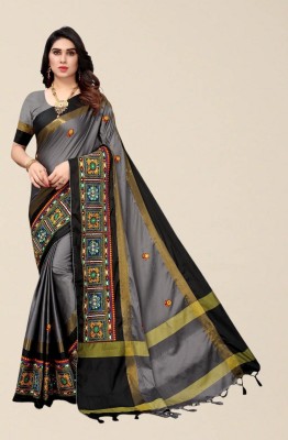 Divastri Embroidered, Embellished Kanjivaram Cotton Silk Saree(Black, Grey)