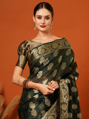 SHRIMAY Floral Print Bollywood Net, Organza Saree(Dark Green)