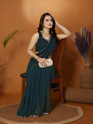 ISHA TRADE Solid/Plain Bollywood Georgette Saree(Blue)