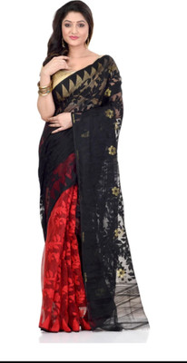 Revival Woven Jamdani Cotton Blend Saree(Black, Red)