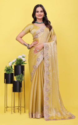 GREENA CREATION Embroidered, Woven, Self Design, Embellished Bollywood Silk Blend Saree(Cream)