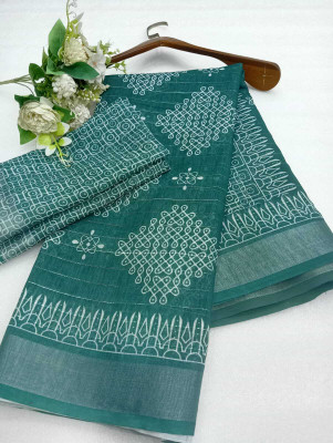 AARAANA Woven, Self Design, Geometric Print Kanjivaram Linen Saree(Green)