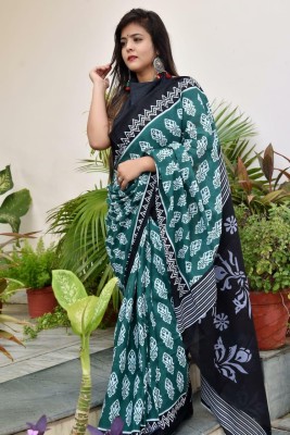 RAMNATHS Printed, Blocked Printed, Floral Print Bollywood Pure Cotton Saree(Light Green, White)