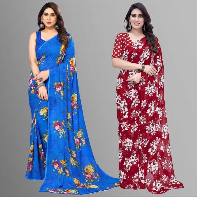 kashvi sarees Floral Print Daily Wear Georgette Saree(Pack of 2, Blue, Red)