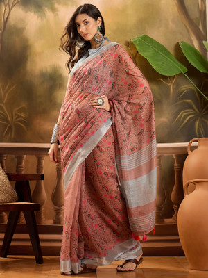 Blissta Printed Kalamkari Linen Saree(Brown)