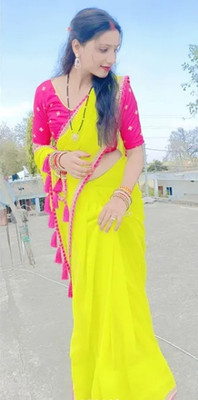 Dharmik Fashion Studio Solid/Plain Bollywood Georgette Saree(Yellow)