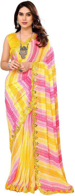 ROOP SUNDARI SAREES Striped, Printed, Embroidered Bollywood Georgette Saree(Yellow)