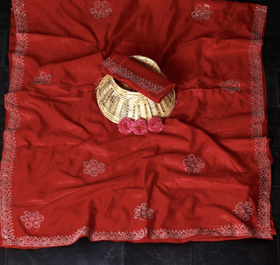 Dharam Creation Solid/Plain Bollywood Georgette Saree(Red)