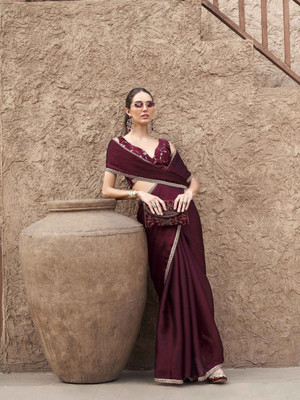 Tikhi Imli Embroidered Saree with Attached Blouse Polyester Saree(Maroon)
