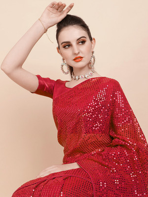 Clemira Checkered, Embellished Bollywood Georgette Saree(Red)