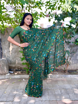 DAZLIO Printed Kalamkari Georgette Saree(Multicolor)
