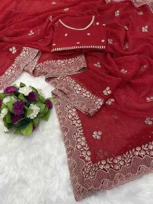 greeva enterprise Embroidered Bollywood Organza Saree(Red)