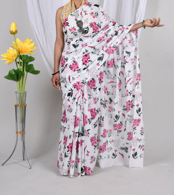 Threadier Printed Bollywood Pure Cotton Saree(White)
