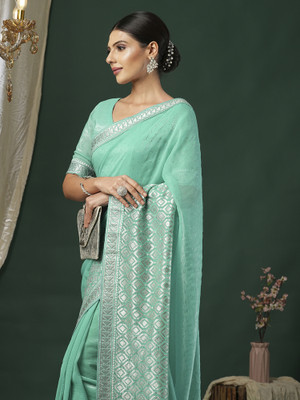ANOUK Embroidered Bollywood Silk Blend Saree(Light Blue)
