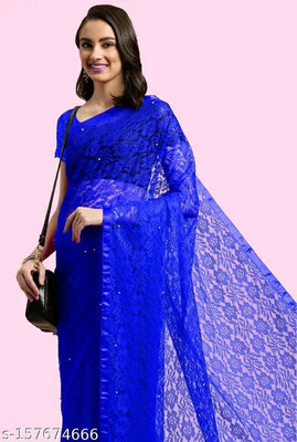 VioProm Floral Print Bollywood Net Saree(Blue)