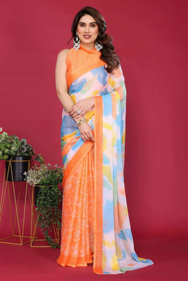 Peachmode Printed Bollywood Chiffon Saree(Orange)