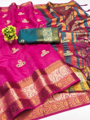 MAANVIT Woven Kanjivaram Pure Cotton, Cotton Silk Saree(Pink)