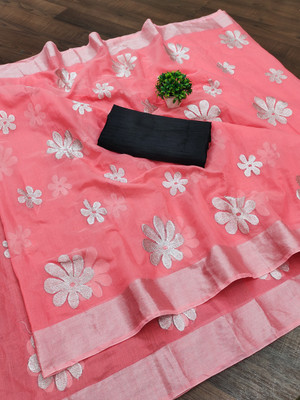 yourwish Embroidered, Self Design, Woven, Embellished Chanderi Chanderi, Cotton Silk Saree(Orange, Silver, White, Black)