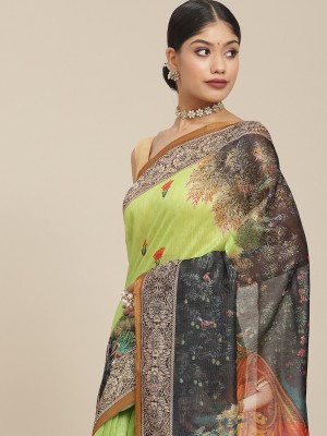 Ishin Printed Banarasi Cotton Blend Saree(Multicolor)