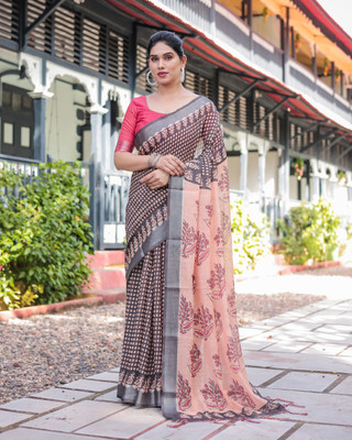 DHAYNAAND REEWA FASHION Floral Print Kanjivaram Linen Saree(Multicolor)