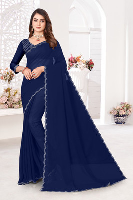 BATHANI CREATION Solid/Plain Bollywood Georgette Saree(Blue)