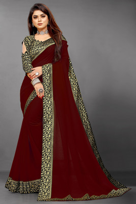 Jevlan Solid/Plain Bollywood Georgette, Chiffon Saree(Maroon)