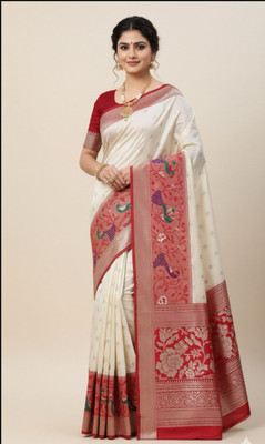 srirohinisilks Woven, Temple Border Banarasi Art Silk Saree(Beige, Maroon)