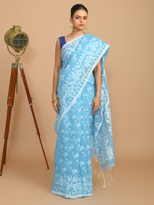 Indethnic Woven Jamdani Cotton Blend Saree(Blue)