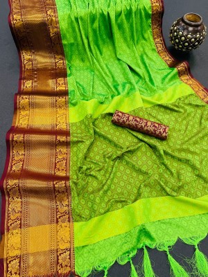 Dhami Woven Banarasi Cotton Silk, Art Silk Saree(Light Green, Maroon)