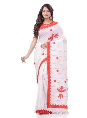 Desh Bidesh Woven, Self Design, Applique, Striped Handloom Handloom Cotton Silk, Pure Cotton Saree(White)