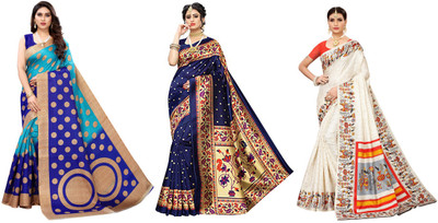 ANIRAV Printed Kasavu Art Silk Saree(Pack of 3, Blue, Dark Blue, Cream)