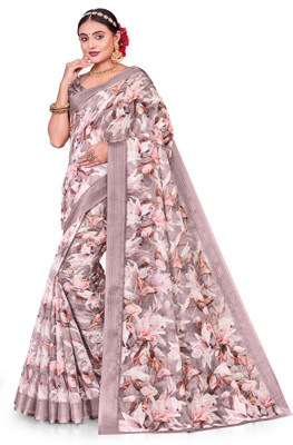 Aelisco Digital Print Bollywood Cotton Linen Saree(Brown)