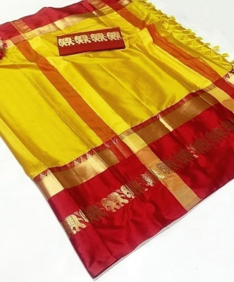 Shruti Bandhani Self Design Kanjivaram Cotton Silk Saree(Purple, Red)