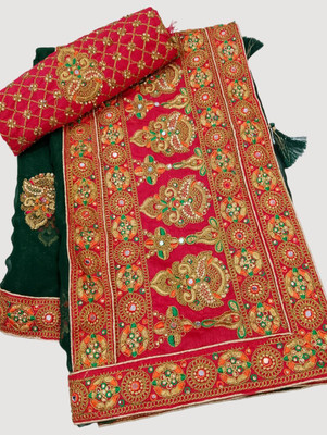 Anjani Textile Embroidered, Embellished Bollywood Silk Blend Saree(Dark Green)