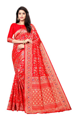Shubh Mangalam Creation Floral Print Banarasi Silk Blend Saree(Red)