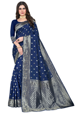 Shoppershopee Woven Kanjivaram Silk Blend Saree(Dark Blue)