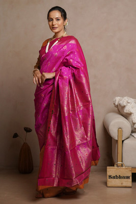 MIRCHI FASHION Woven, Embellished Banarasi Silk Blend Saree(Pink, Orange, Gold)