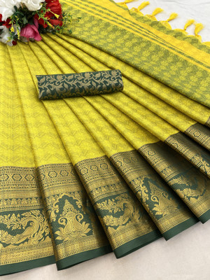 MM VENTURE Woven Kanjivaram Jacquard Saree(Yellow)