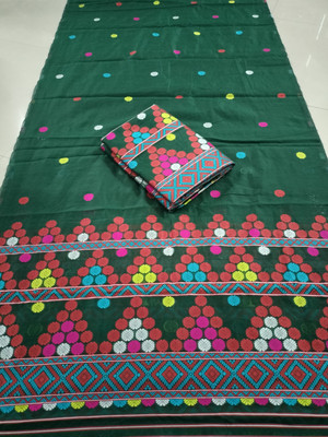 YASA CREATION Self Design Mekhela Chador Cotton Blend Saree(Green)
