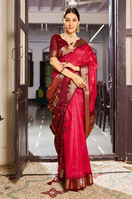all about you Woven Bollywood Cotton Silk Saree(Red)