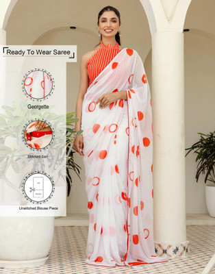 Samah Polka Print, Printed, Embellished Bollywood Georgette Saree(White)