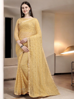 Fashion Nexa Striped Bollywood Brasso Saree(Beige)