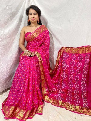 S M PATEL CO Printed Bandhani Art Silk, Viscose Rayon Saree(Pink)