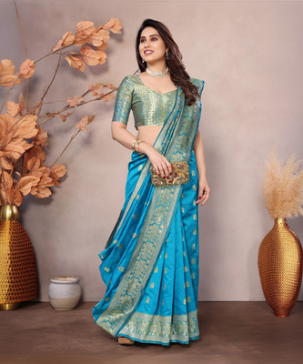 WearEZee Printed Banarasi Jacquard, Pure Silk Saree(Blue)